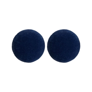 Pair of minimalist navy blue flocked round stud earrings with velvet texture and silver pins