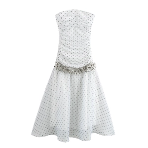Polka Dot Bandeau Maxikleid Elegant Retro Gerafftes Mesh Trägerlos Ärmellos Hohe Taille Rüschensaum Slim Fit Für Damen