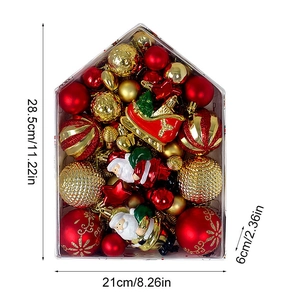Detailed size view of a 72-piece house-shaped Christmas ball set with dimensions
