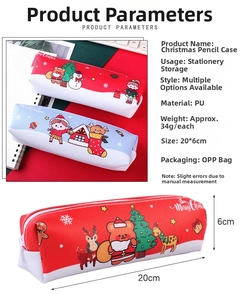 Close-up of PU leather Christmas pencil case with cartoon prints and size 20x6cm mark