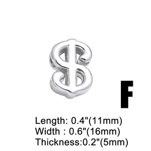 Detailed size specifications for the silver dollar sign charm bead 11mm by 16mm