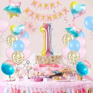 Pink and gradient birthday balloon set with banner for nursery and shower party decor