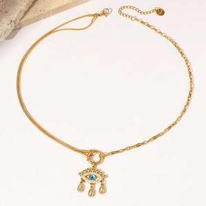 Gold evil eye pendant necklace in stainless steel with teardrop tassels and mixed chains