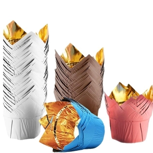 Multicolor tulip cupcake liners with greaseproof gold foil interior in various stacks