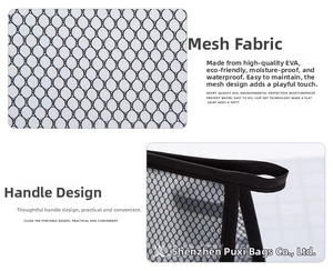 Detail of waterproof EVA mesh fabric and reinforced black webbing handle on wash bag