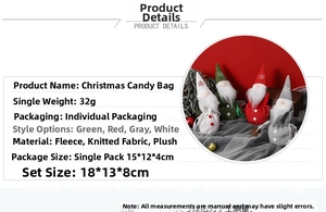 Detailed view of Christmas Gnome candy bags showing 15x12x4cm size and 32g weight specs