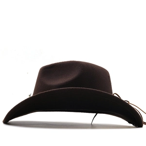 Detail of the deep brown felt cowboy hat showing leather band and smooth wool texture