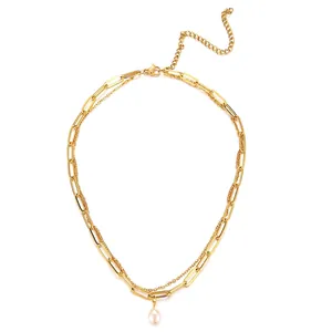 Stainless Steel Double Layer Necklace For Women Freshwater Pearl Pendant Paperclip Chain Gold Silver Plated Elegant Jewelry