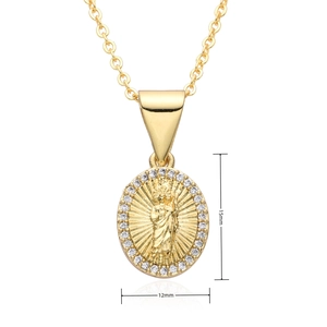Religious saint pendant necklace in gold plated copper with white zircon inlay framing