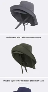 Detail of outdoor sun hat with double brim and wide neck protection shawl in three colors