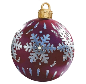 Detail of red 60cm inflatable Christmas ball with silver snowflake patterns and gold cap
