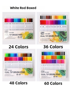 Detailed comparison of dual tip brush pen sets in 24, 36, 48, and 60 colors with boxes