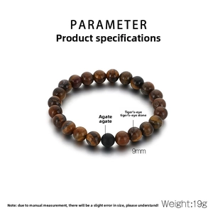 Macro detail of 9mm tiger eye stone elastic bracelet showing texture and 19g weight