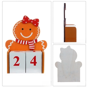 Three-way view of wooden gingerbread man advent calendar showing front side and back