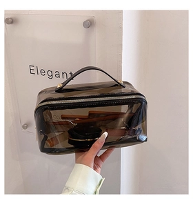 Detailaufnahme einer klaren schwarzen PVC-Kosmetiktasche mit Goldreißverschlüssen und Griff