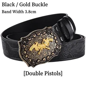 Detail of 3.8cm western belt with embossed black leather and gold double pistol buckle