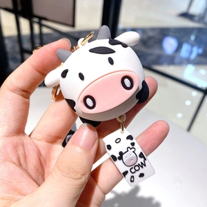 Cute Cartoon Cow Silicone Keychain Bag Charm Soft PVC Animal Keyring With Wrist Strap For Women Girls Accessory