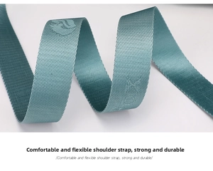 Close-up of duck egg blue durable nylon shoulder strap with embossed lettering detail