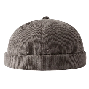Unisex dark grey corduroy docker cap with minimalist textured fabric and brimless design