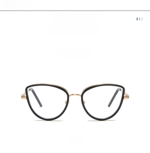 Detailed front view of black and gold metal cat eye glasses frames with anti-blue light lenses