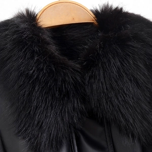 Women's black leather work jacket featuring a premium thick faux fur collar detail