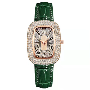 Elegant Women Quartz Watch Oval Rhinestone Bezel Rose Gold Case Faux Leather Crocodile Strap Roman Numeral Dial