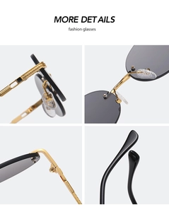 Detailed close-up of golden spiral hinges and silicone nose pads on rimless sunglasses