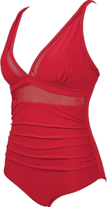 Detail of dark red one-piece swimsuit featuring ruched fabric and mesh stripe inserts