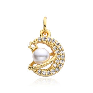 Golden moon and pearl pendant necklace with zircon stars and elegant reflections