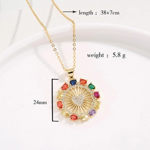 18K gold plated Ferris wheel necklace with colorful zircon heart pendant, 24mm diameter