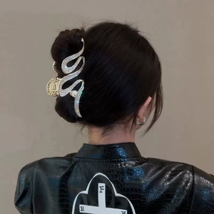 Silver wavy metal hair claw clip with rhinestones and pearl for elegant hairstyles