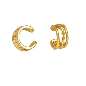 Three-layer gold plated ear cuff with smooth and twisted rope textures for women
