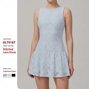 Women Rose Lace Sports Mini Dress Sleeveless Back Zipper Built-in Shorts Ruffle Hem Breathable Running Fitness Tennis