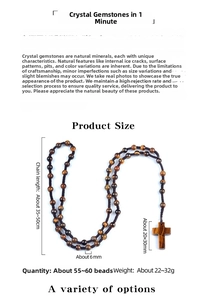 Detail showing 6mm tiger eye stone beads and cross pendant dimensions with specs