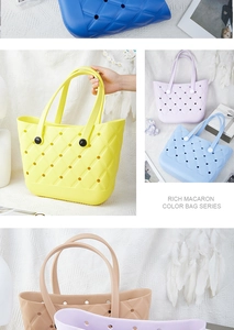 Macro view of colorful EVA beach bags with perforated holes in macaron shades