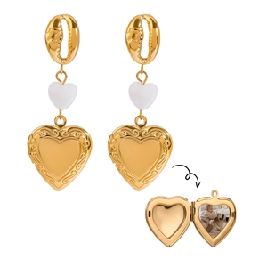 Gold stainless steel shell heart locket earrings featuring a photo storage design