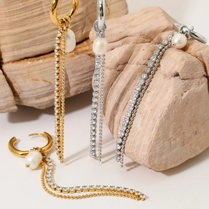 Elegant stainless steel tassel drop earrings with freshwater pearls and sparkling zircons