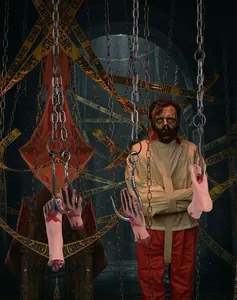 Realistic severed hands and feet on rusty iron hooks for Halloween haunted house decor