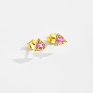 Detail view of S925 sterling silver gold earrings with pink triangular zircon and S925 stamp
