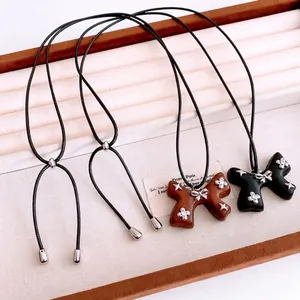 Vintage Bow Knot Pendant Necklace Wood And Copper Zircon Star Flower Adjustable Long Sweater Chain Women Retro
