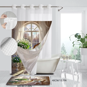 Detailed view of 3D window print shower curtain and matching non-slip bath mat set