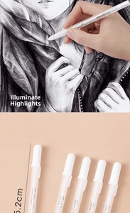 Close-up of 5 white highlight pens for sketching with 15.2cm length detail and usage view