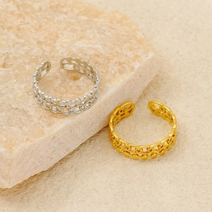 Hollow Chain Texture Adjustable Open Ring Stainless Steel PVD Gold Plated Minimalist Geometric Jewelry For Women