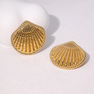 Elegant 18k gold plated stainless steel fan shell stud earrings on white display
