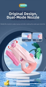 Dual-mode nozzle on a pink water gun toy showing spray and direct stream settings