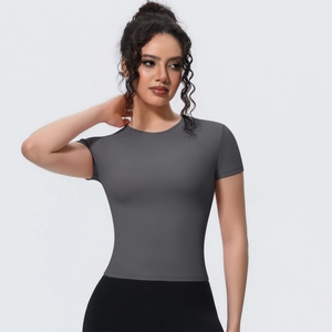Detail of slim fit dark grey athletic t-shirt with breathable quick-dry fabric texture