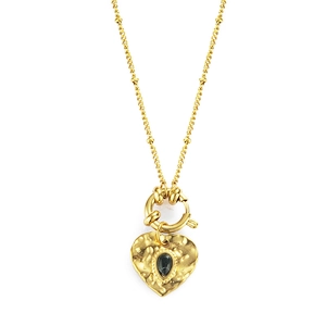 French retro 18K gold plated stainless steel heart necklace with black natural stone pendant