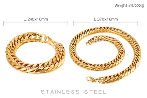Polished gold stainless steel curb chain set with detailed size and weight dimensions
