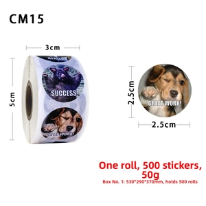 Detail showing dimension specs of 500 animal reward stickers roll with great work text