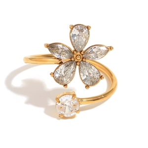 Bague ouverte fleur plaquée or 18 carats avec zircons taille poire élégante